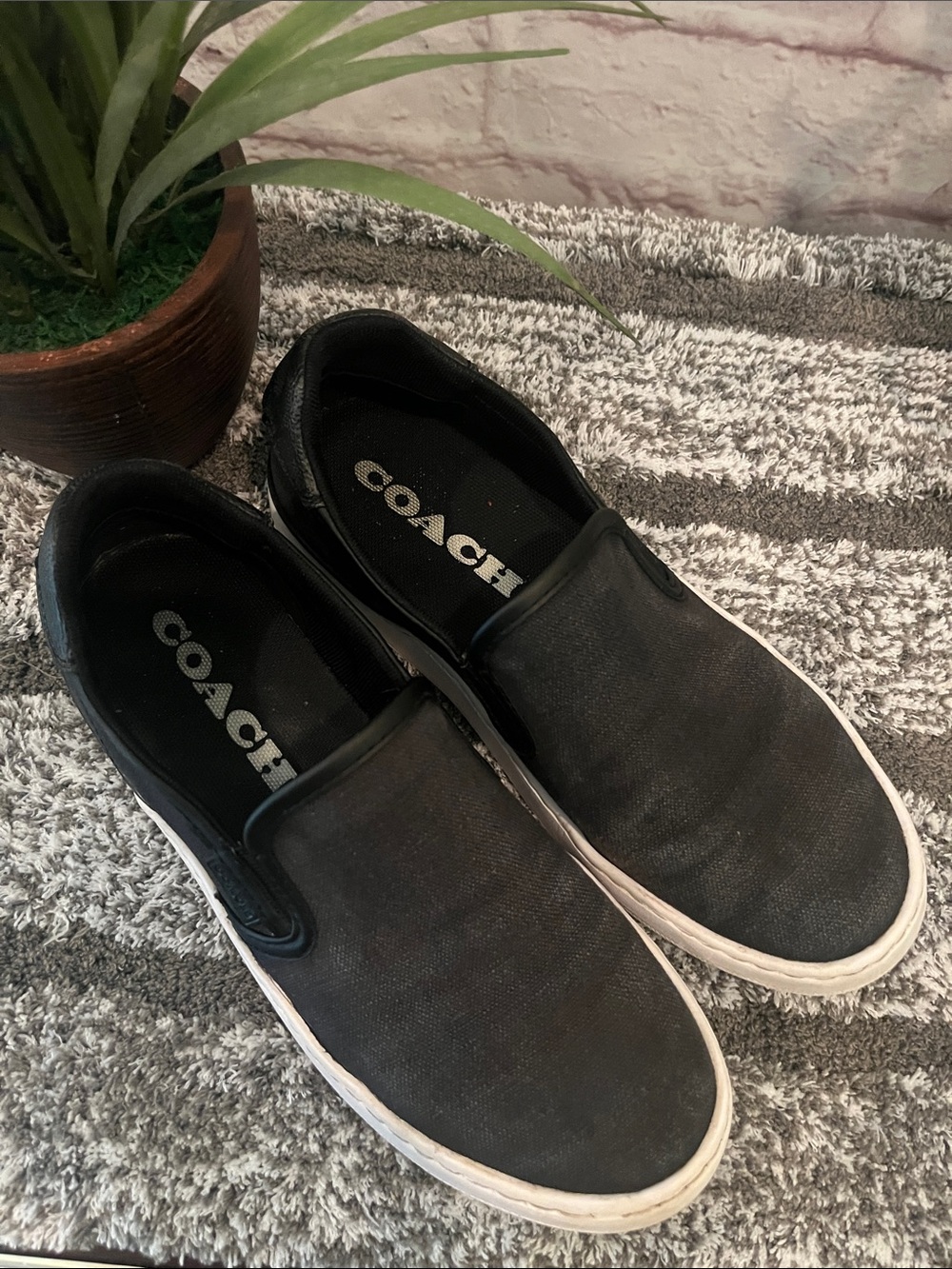 Coach Distressed Black Slip-On Canvas Loafers with White Sole
